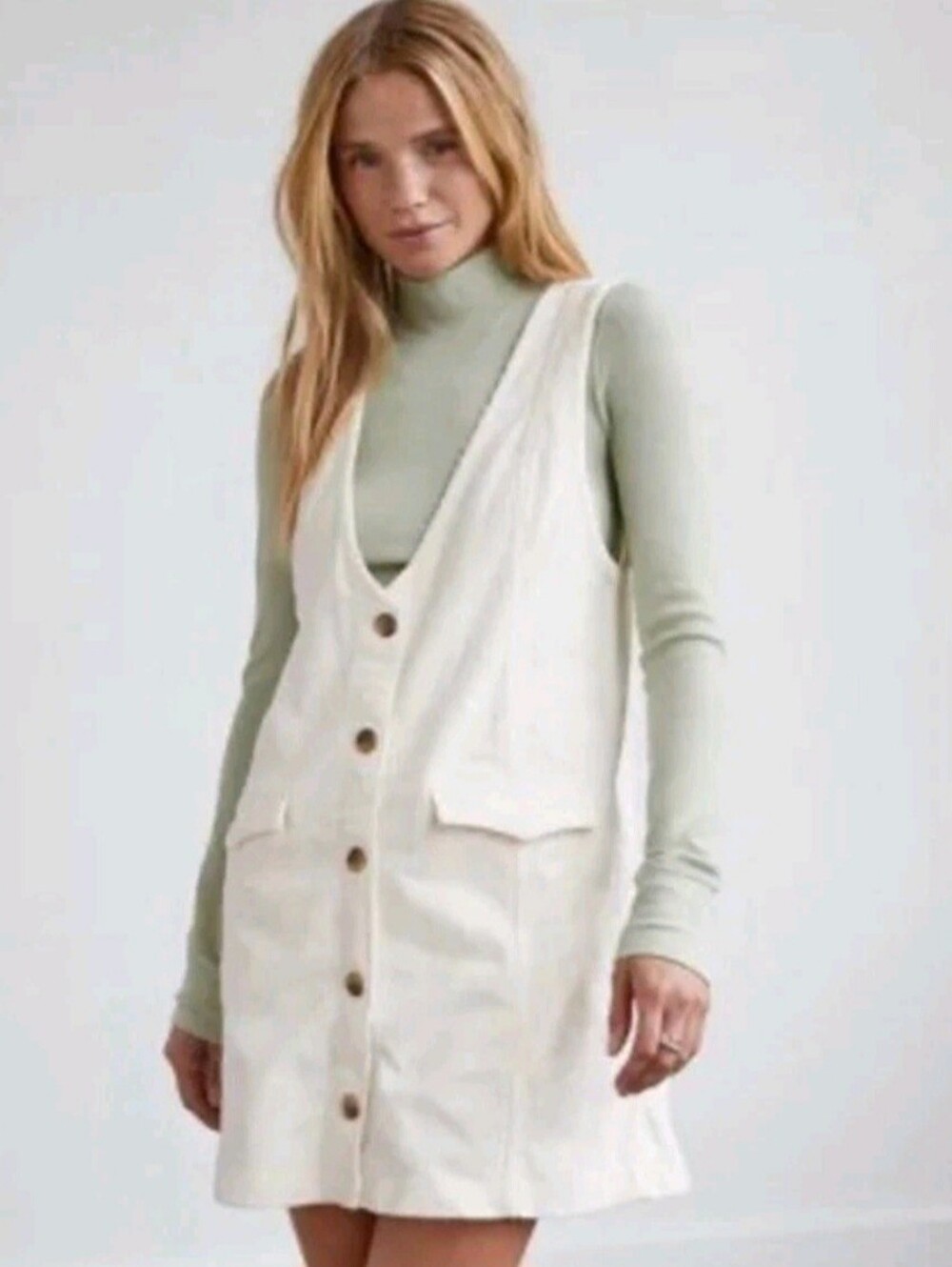 American Eagle Corduroy Button Front Ivory Mini Dress Small